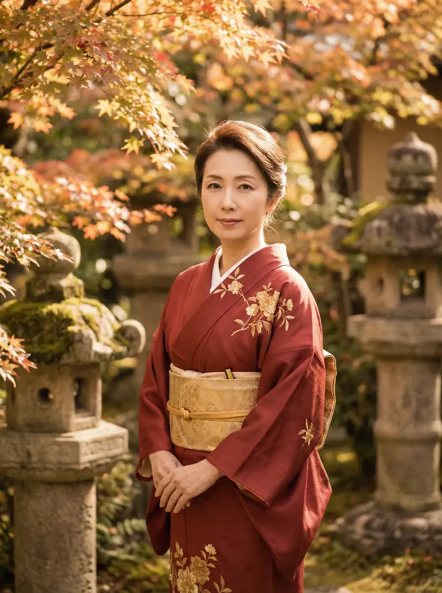 一位身穿暗红色和服的优雅 神将三国礼包 在日式庭院中